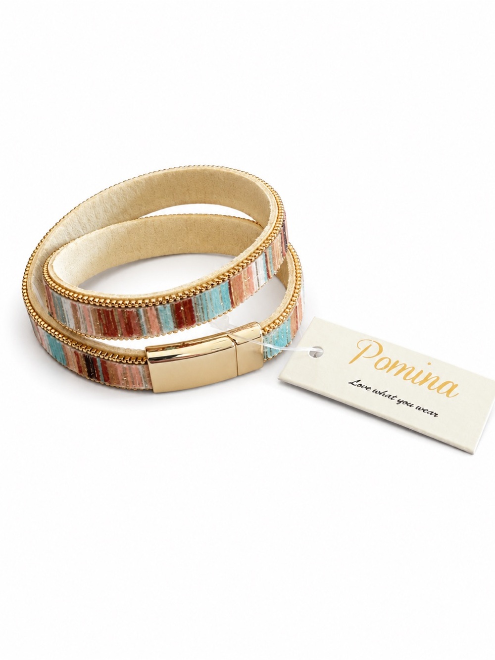 Pomina Multicolor Striped faux leather Wrap Bracelet with Gold Magnetic Clasp